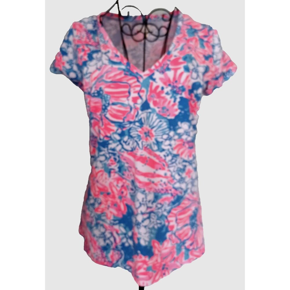 Lilly Pulitzer Womens Sz M T Shirt V Neck Fitted Hot Coral Blues